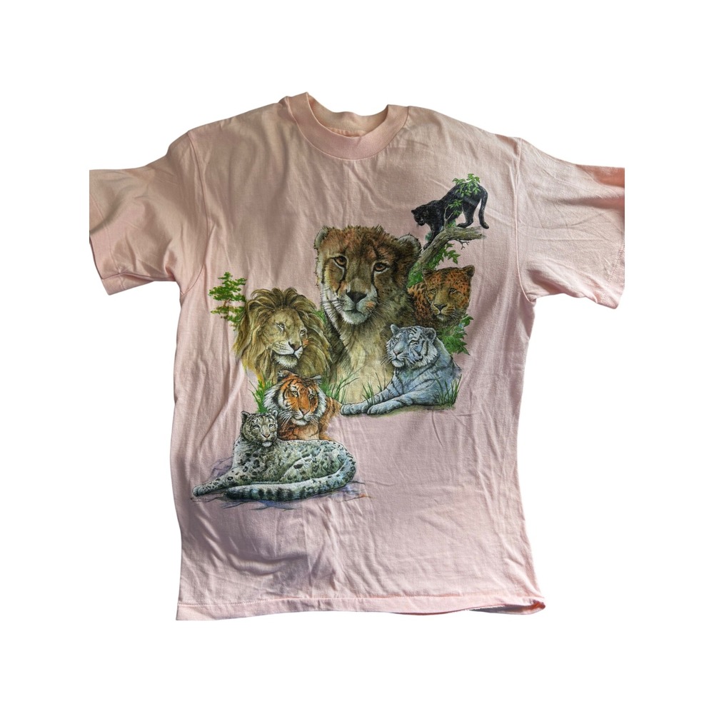 Vintage 1993 Peter Kuck Harlequin Big Cats Graphic T-Shirt Pink Lion Tiger 90s